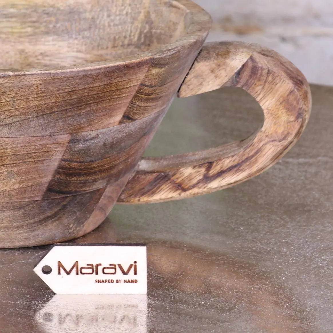 Baddo Mug Shape Wooden Bowl Closeup of Handle