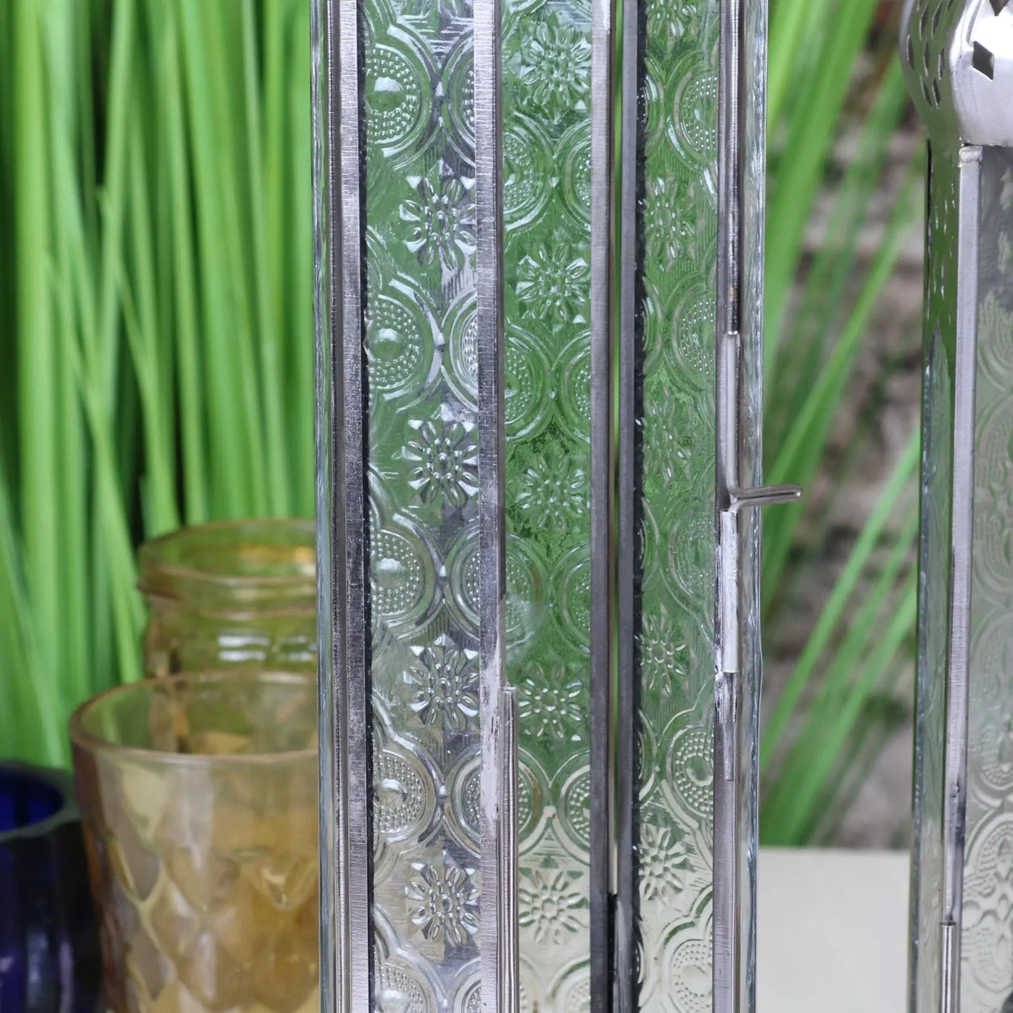 Koira Set of 2 Silver Moroccan Tall Lanterns Closeup of Frosted Glass