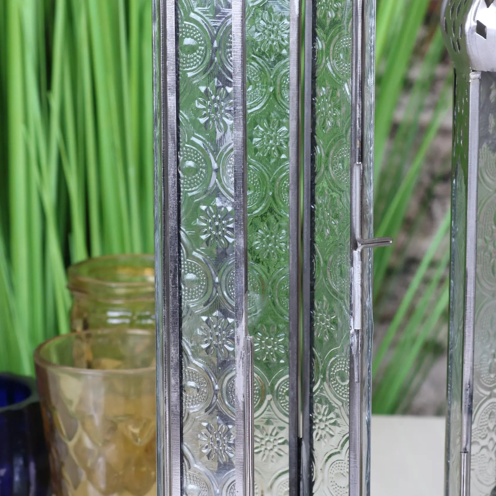 Koira Set of 2 Silver Moroccan Tall Lanterns Closeup of Frosted Glass