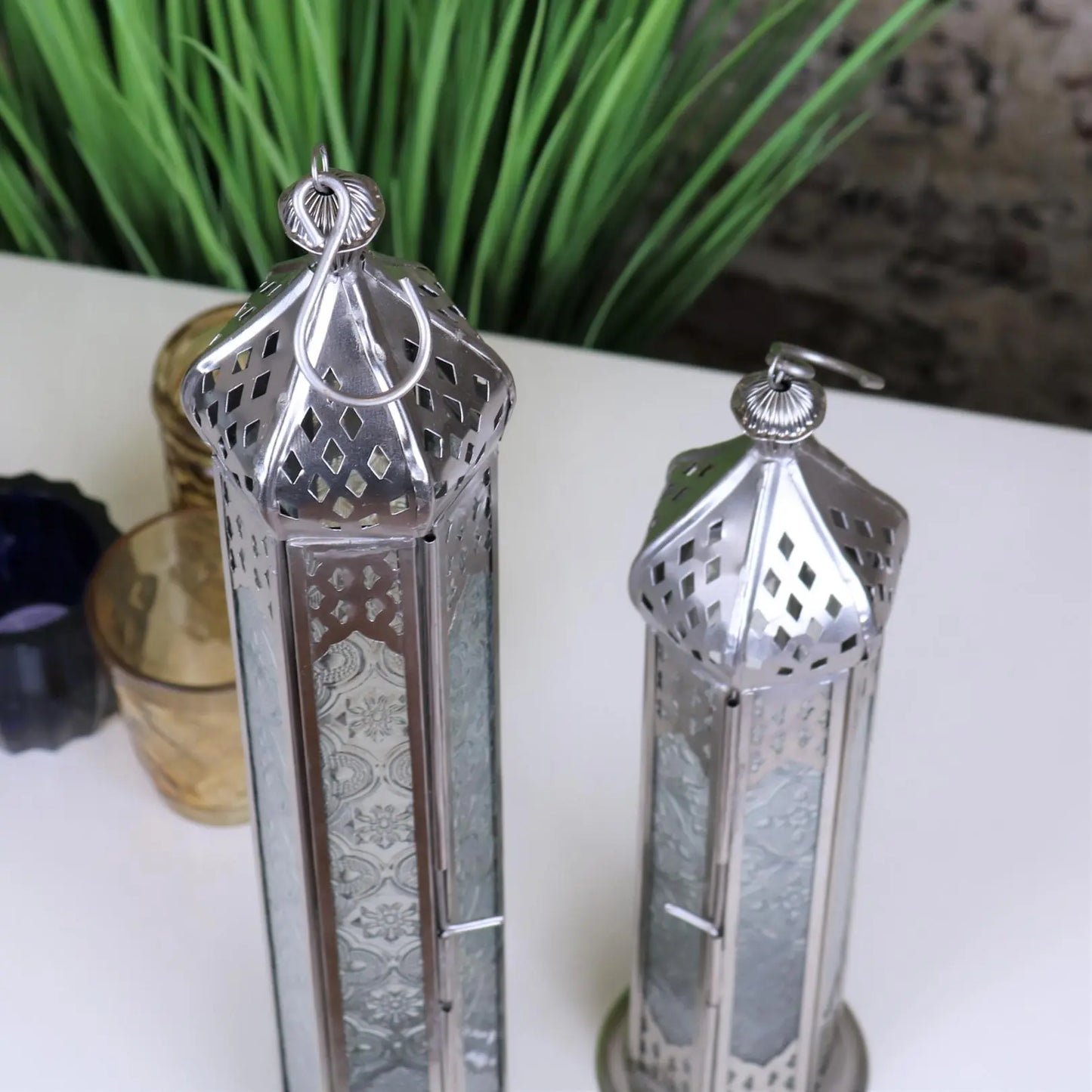 Koira Set of 2 Silver Moroccan Tall Lanterns Top View