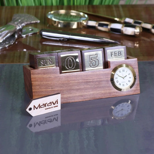Masan Wooden Desk Perpetual Calendar and Clock Main Image