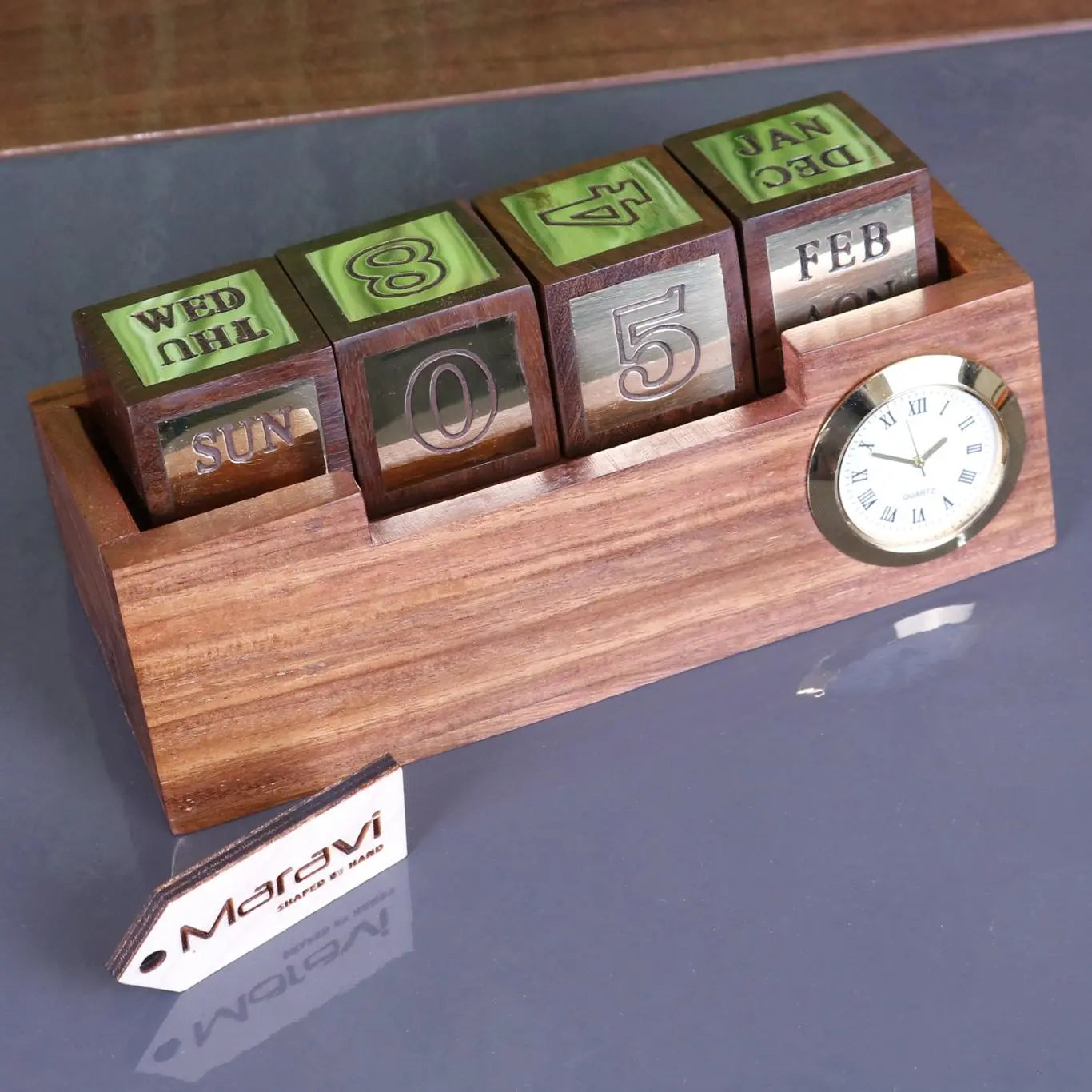 Masan Wooden Desk Perpetual Calendar and Clock Top View