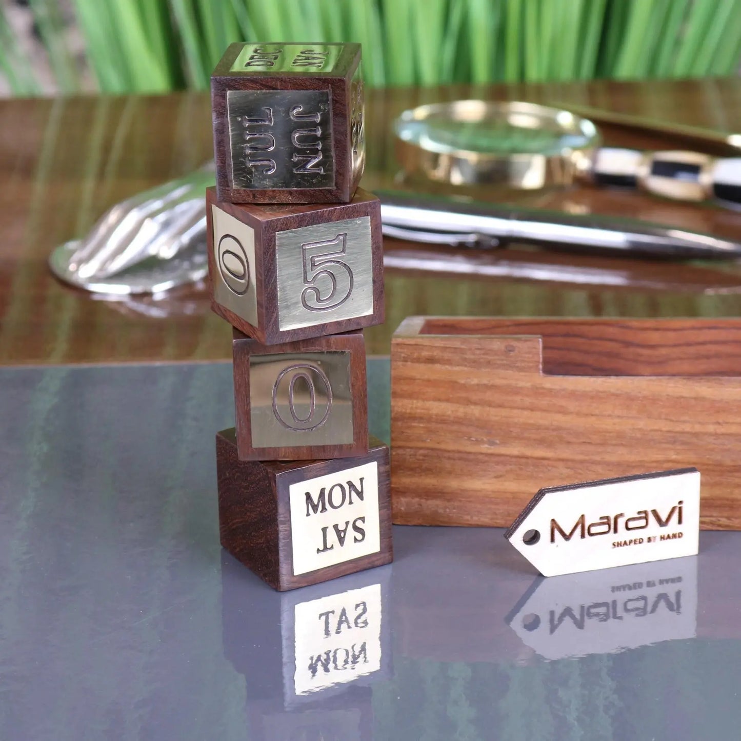 Masan Wooden Desk Perpetual Calendar and Clock Closeup of Calendar Cubes