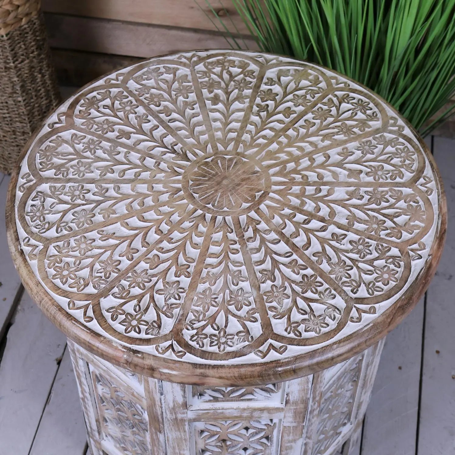 Mopa Carved Side Table Mango Wood Top View
