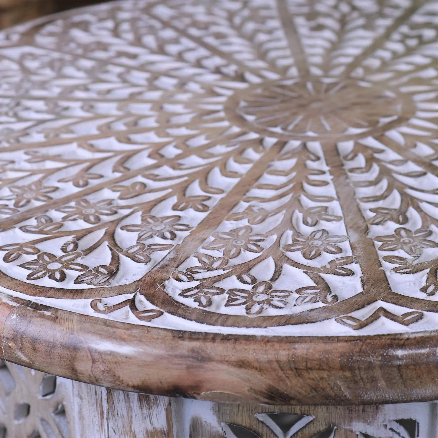Mopa Carved Side Table Mango Wood Closeup of Leaf Carving