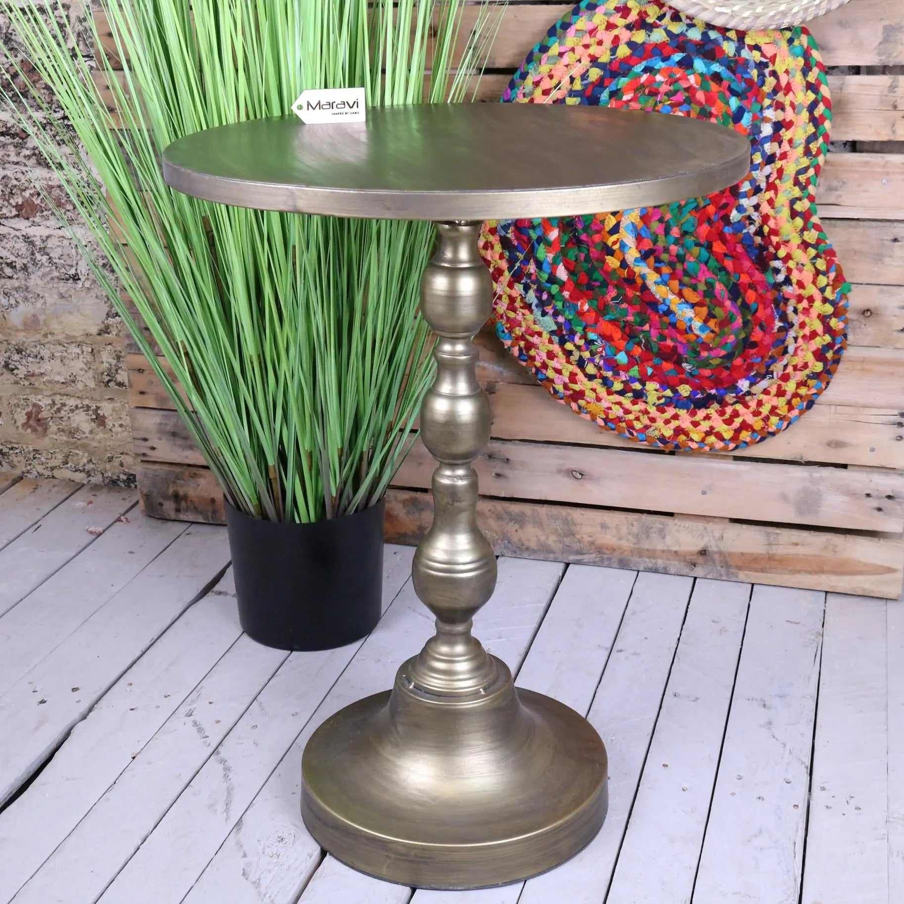 Isroli Antiqued Gold Pedestal Side Table - Main Image