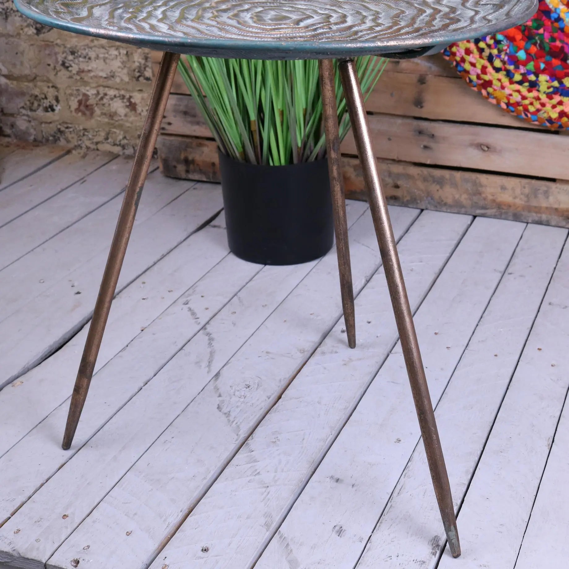 Ruwa Lightweight Antiqued Gold Tripod Side Table - Side View