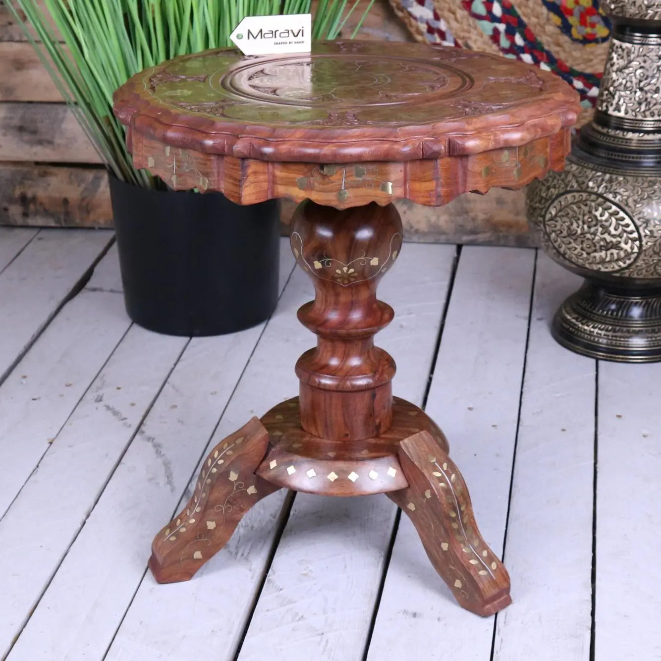 Jadial Sheesham Wood Brass Inlaid Pedestal Side Table - Main Image