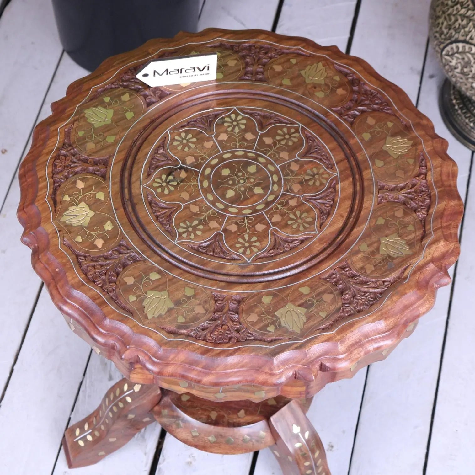Jadial Sheesham Wood Brass Inlaid Pedestal Side Table - Top View