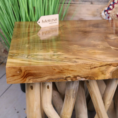 Sangla Teak Top and Branch Base Coffee Table - Closeup of corner