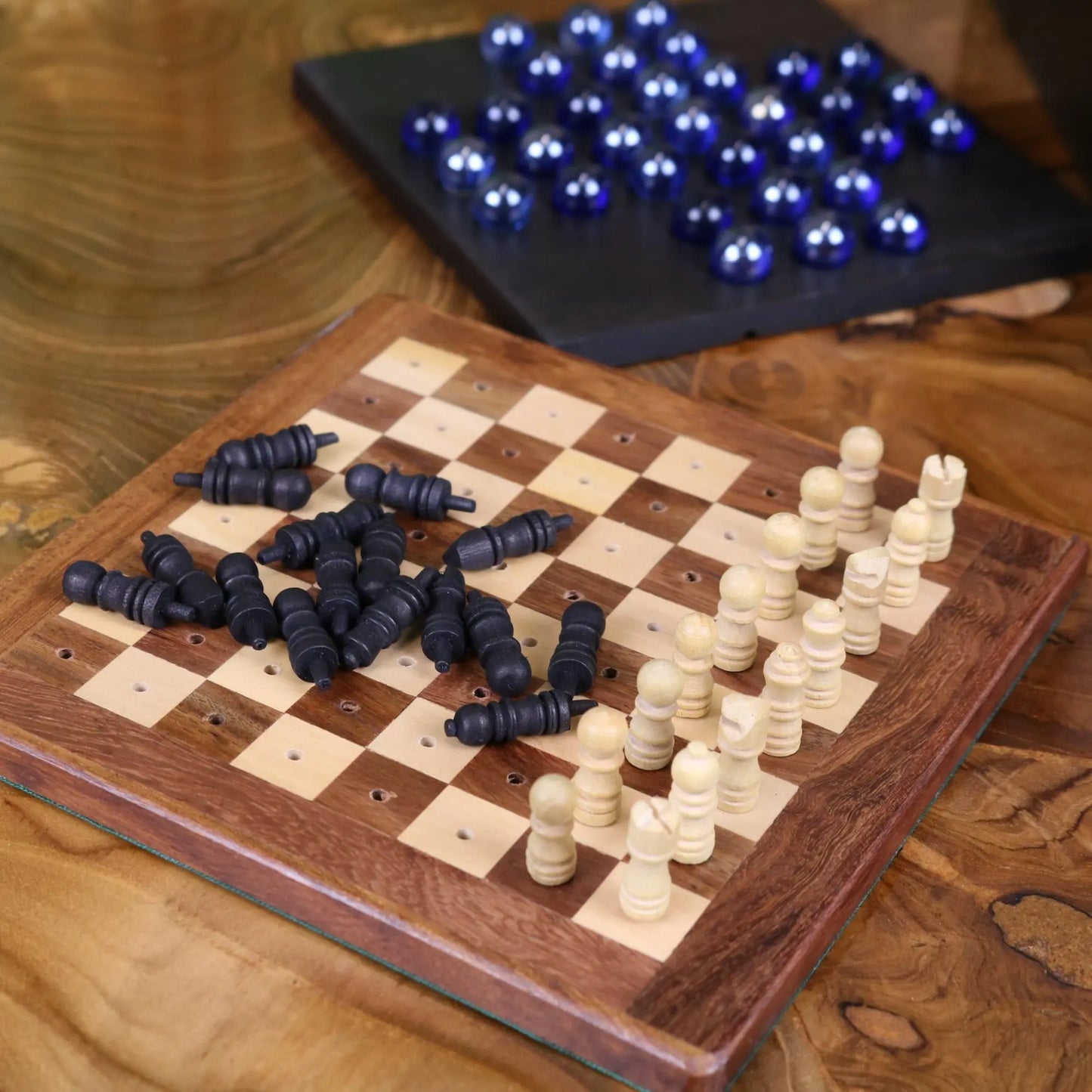 Tarera Sheesham Wood 6in1 Game Compendium Antique - Chess Game