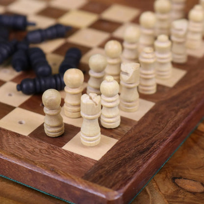 Tarera Sheesham Wood 6in1 Game Compendium Antique - Closeup of Chess Game