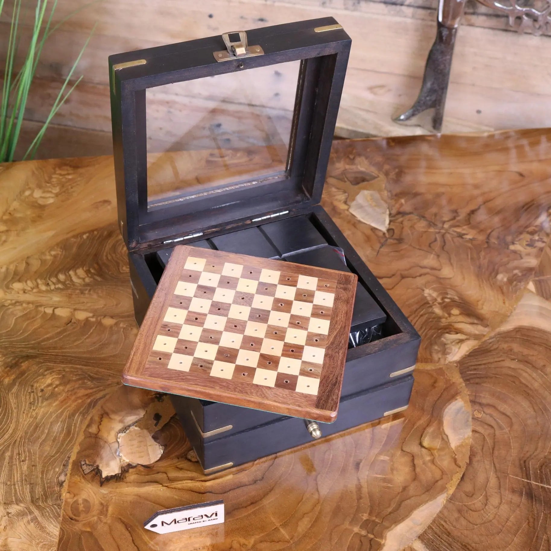 Tarera Sheesham Wood 6in1 Game Compendium Antique - Open Storage Box