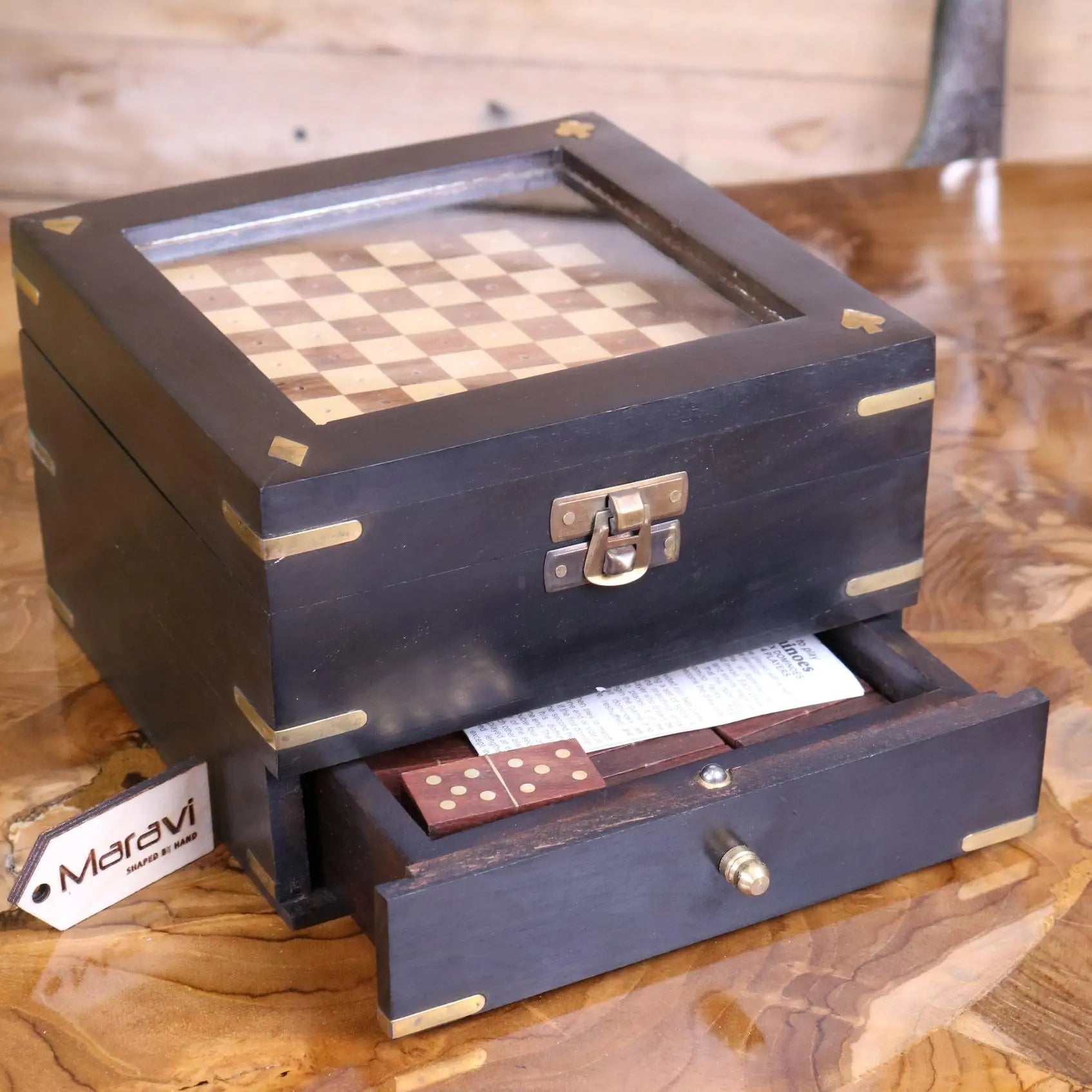 Tarera Sheesham Wood 6in1 Game Compendium Antique - Dominoes Drawer Opened