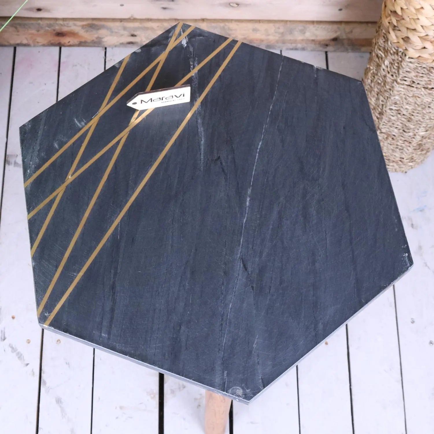Siangra Hexagon Black Marble Side Table - Top View