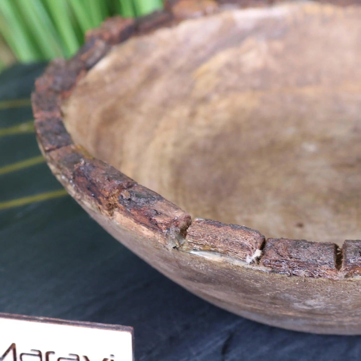 Baspani Rustic Wooden Decorative Bowl - Closeup of Bark