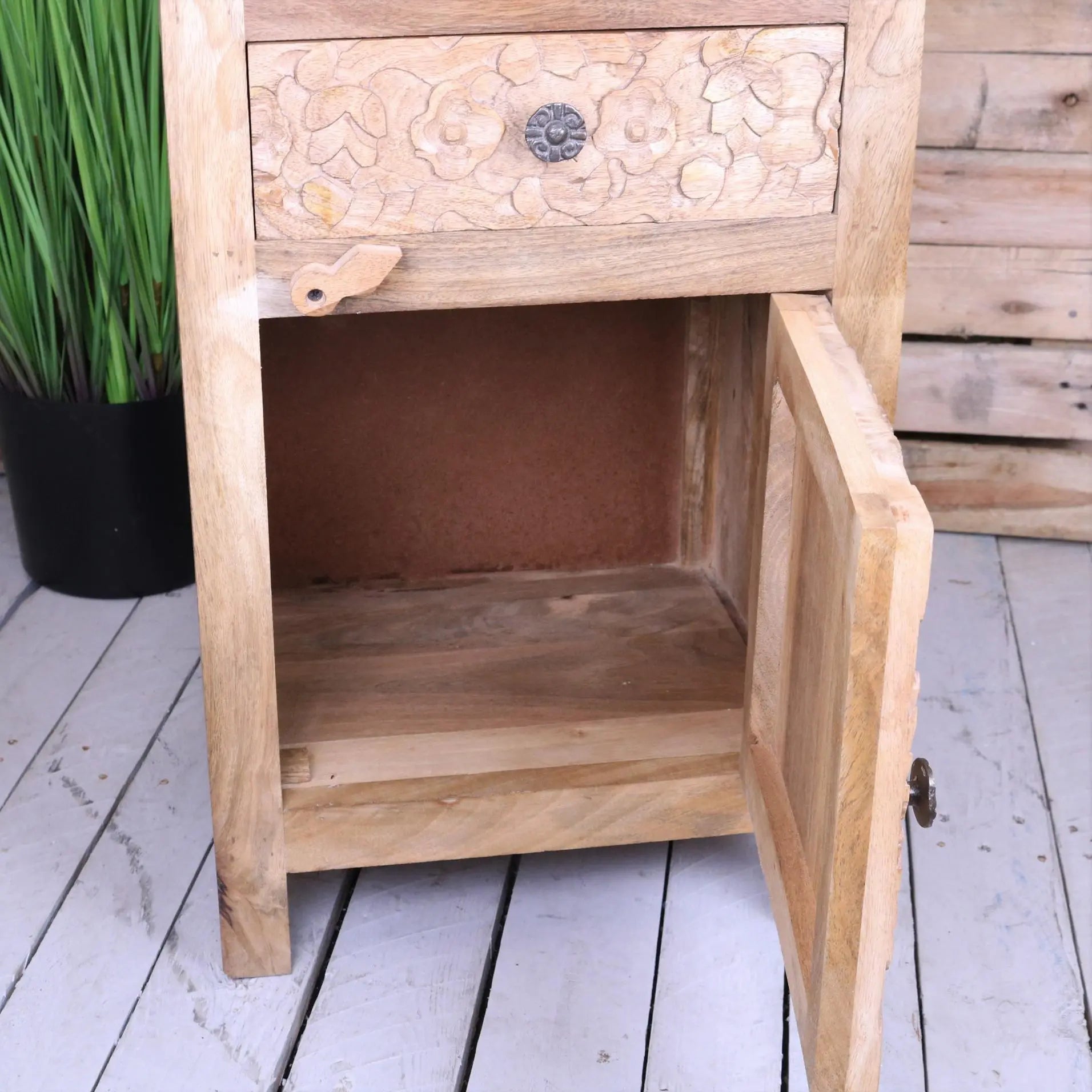 Nausel Mango Wood Carved Bedside Cabinet - Compartment Open