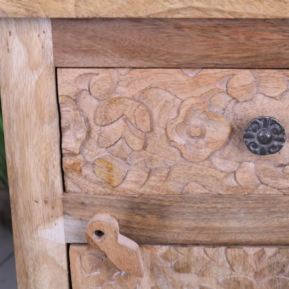 Nausel Mango Wood Carved Bedside Cabinet - Closeup of Carving on Drawer