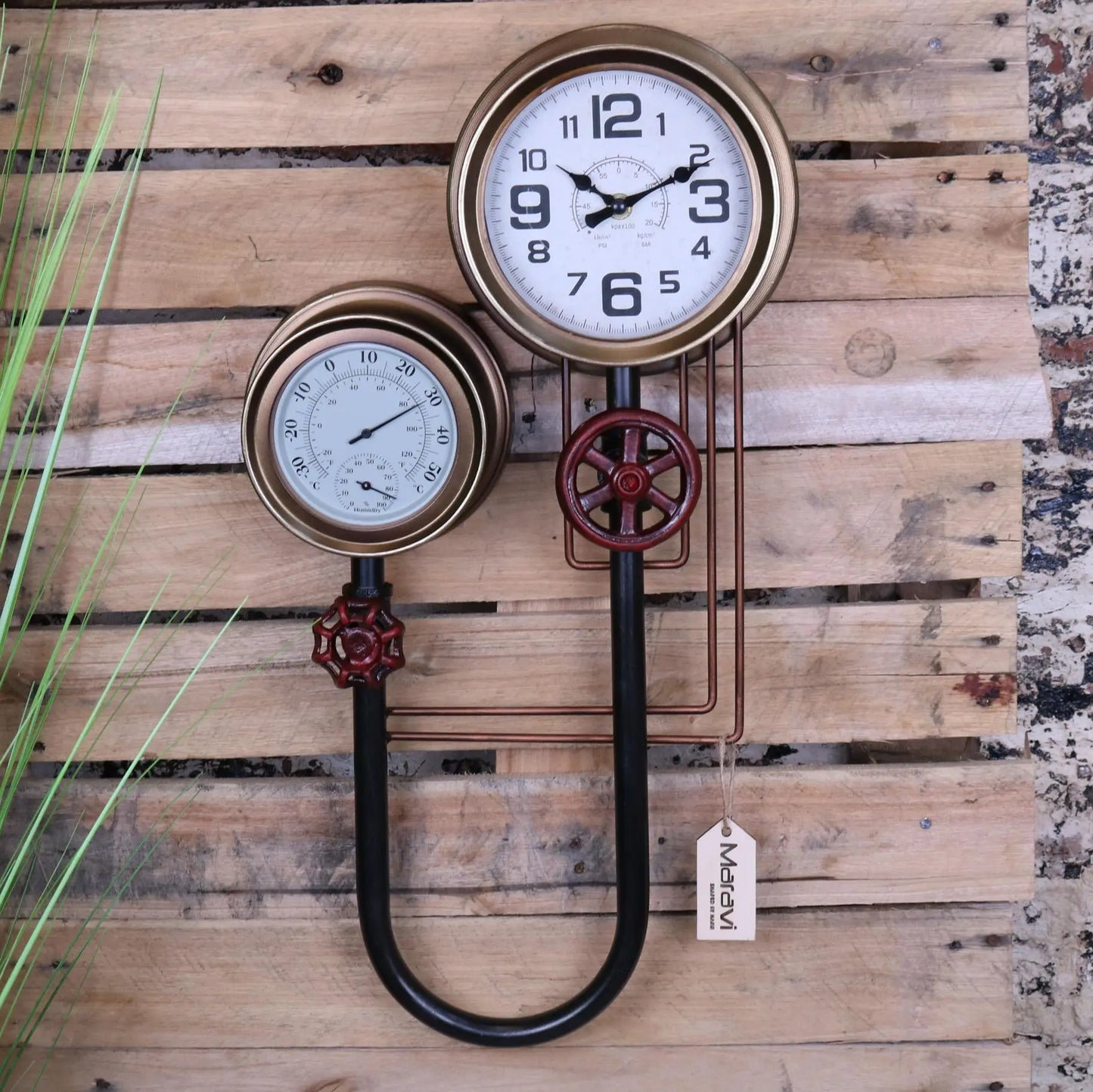 Baded Industrial Wall Pipe Clock and Thermometer - Main Image