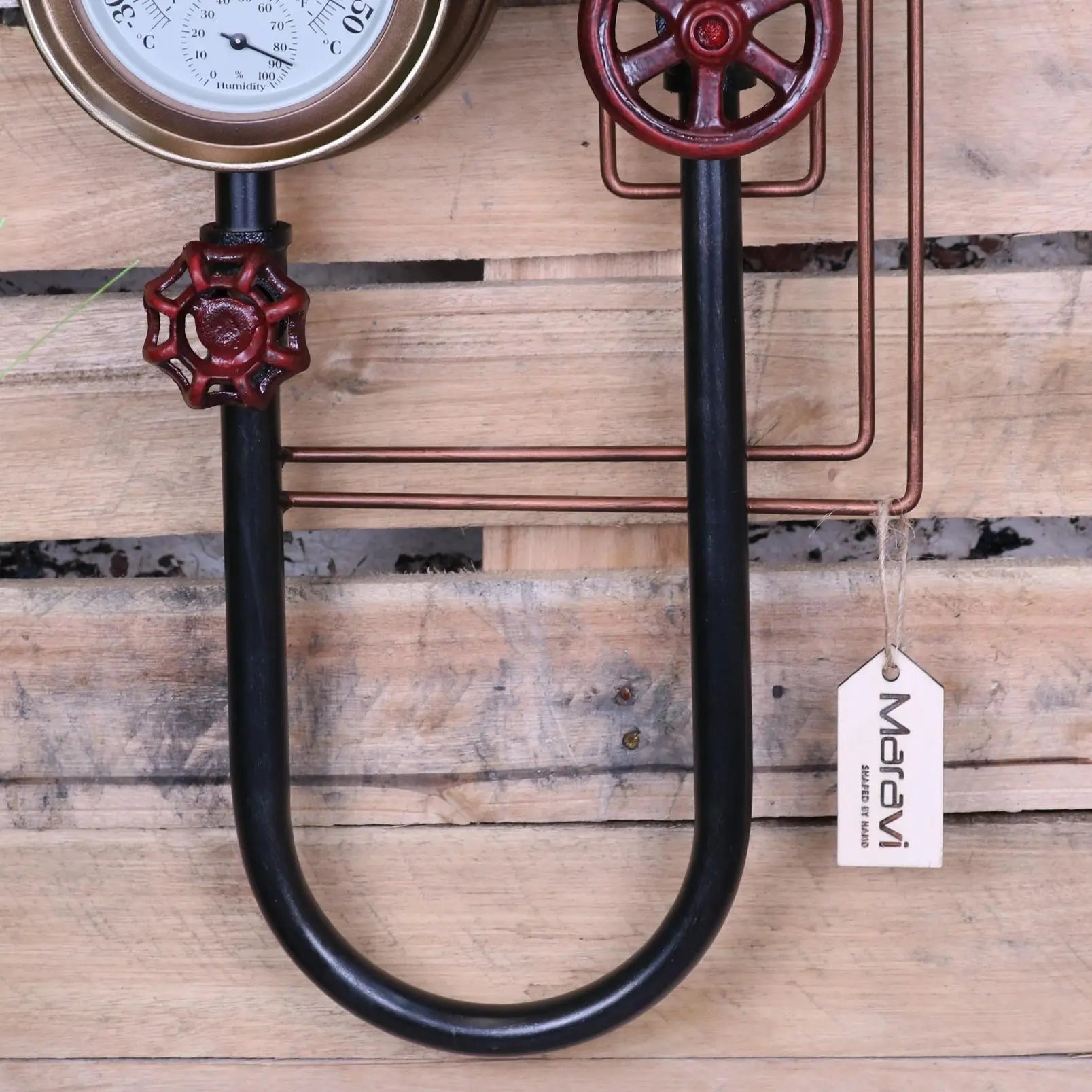 Baded Industrial Wall Pipe Clock and Thermometer - Closeup of Linking Pipe