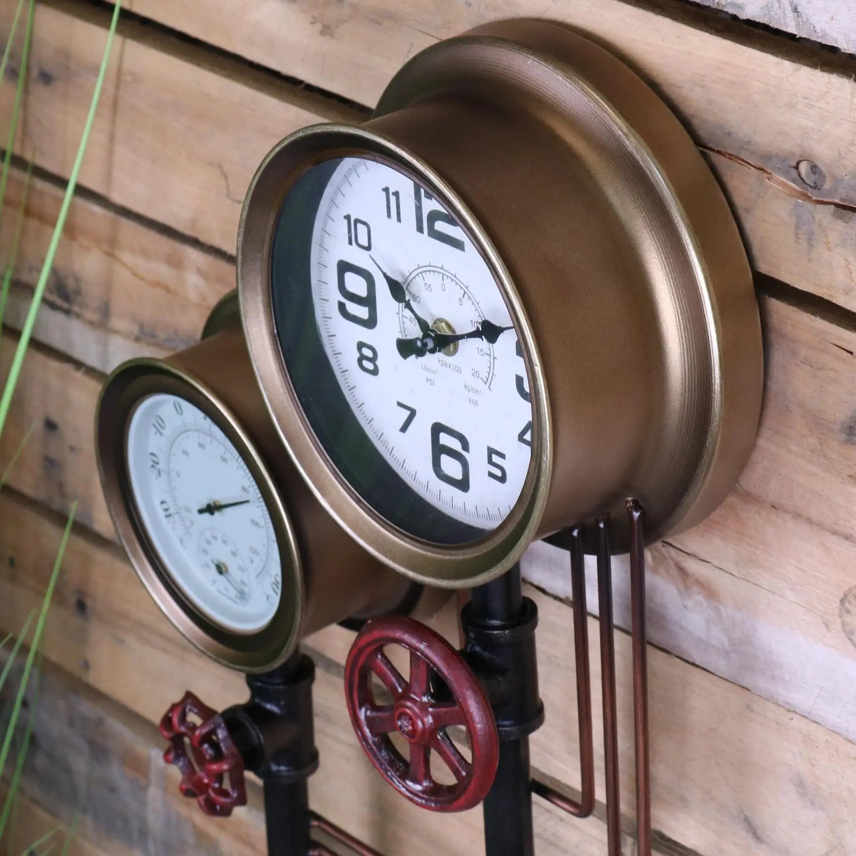 Baded Industrial Wall Pipe Clock and Thermometer - Side View