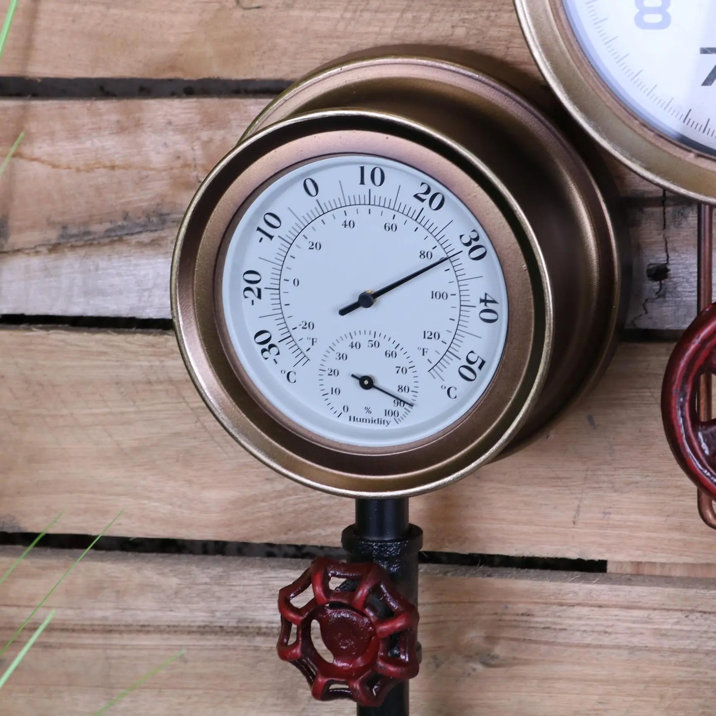 Baded Industrial Wall Pipe Clock - Closeup of Thermometer
