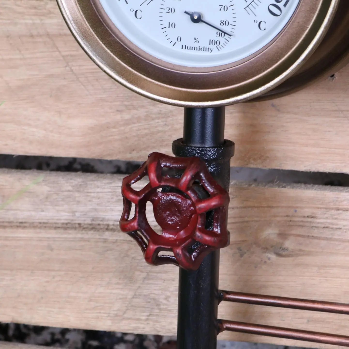 Baded Industrial Wall Pipe Clock and Thermometer - Closeup of Small Tap