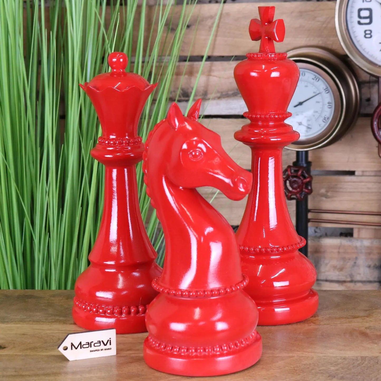 Shatranj Set of 3 Chess Pieces Ornaments Red Accent - Main Image