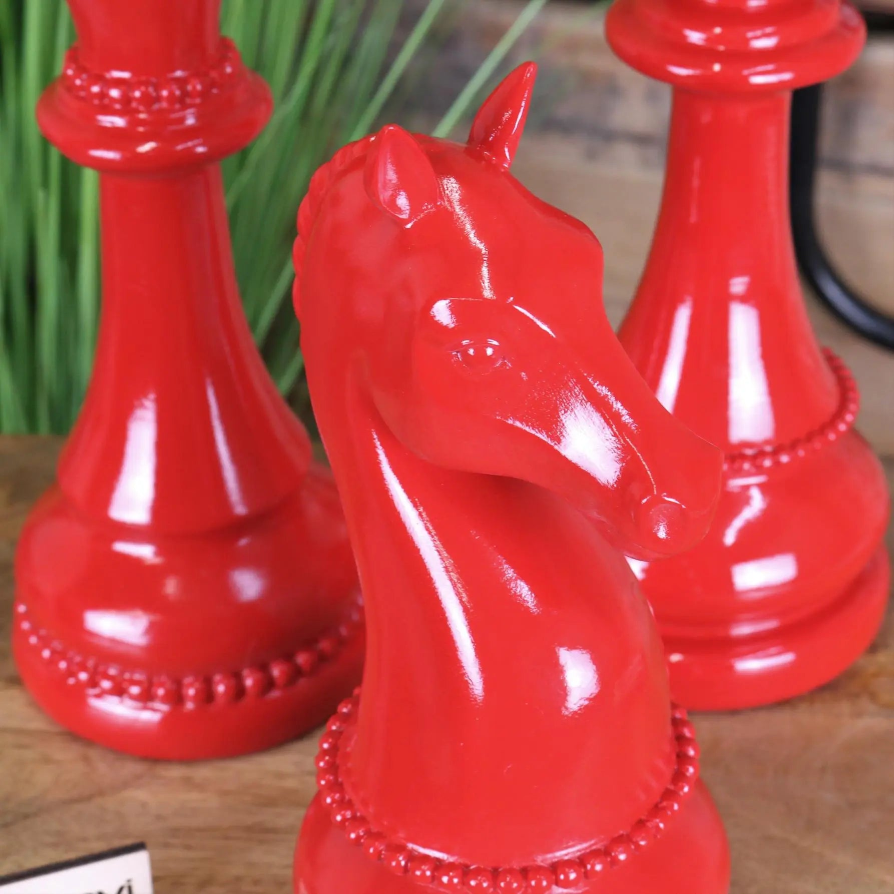 Shatranj Set of 3 Chess Pieces Ornaments Red Accent - Closeup of Knight