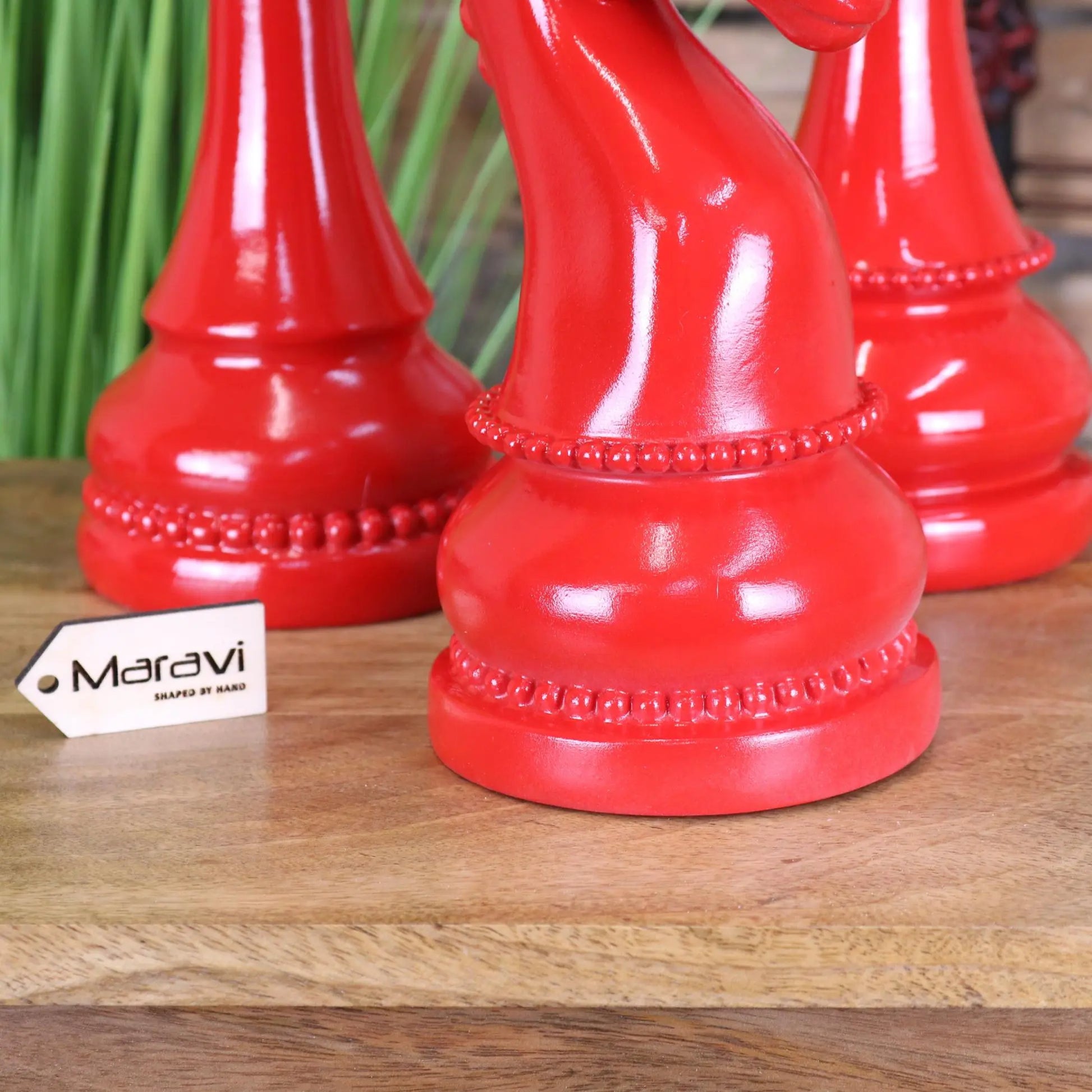 Shatranj Set of 3 Chess Pieces Ornaments Red Accent - Closeup of Base