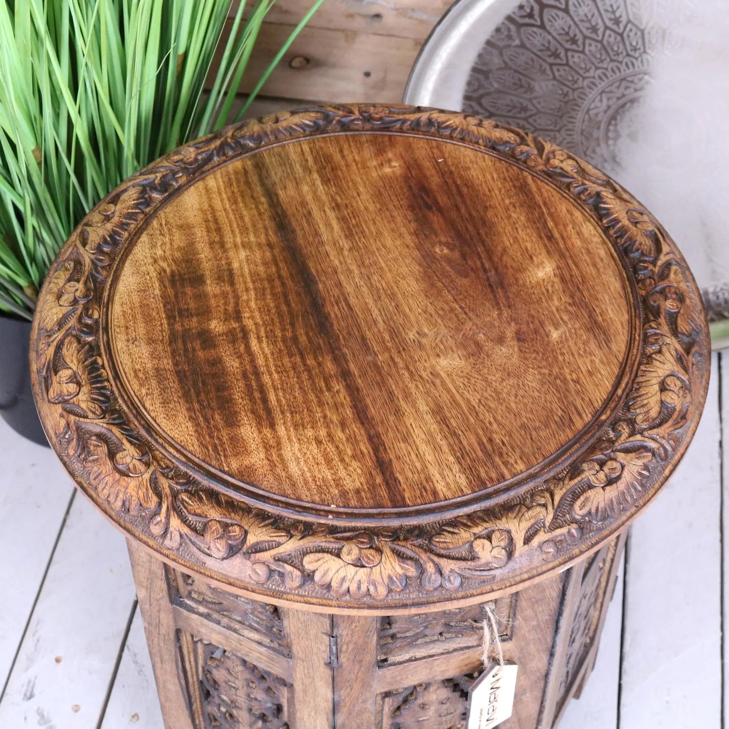 Rengali Medium Side Table Mango Wood Leaf Carving - Top View