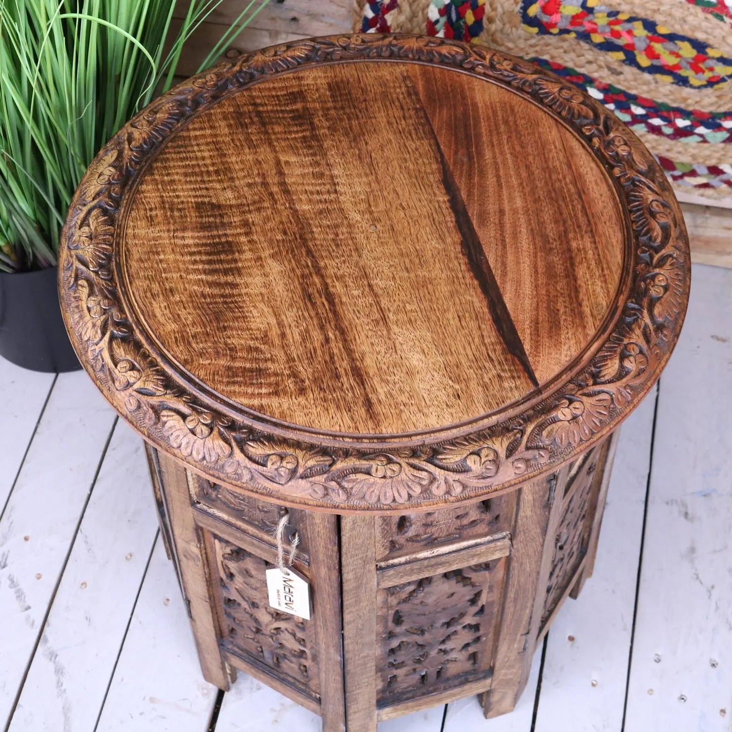 Rengali Large Side Table Mango Wood Leaf Carving - Top View