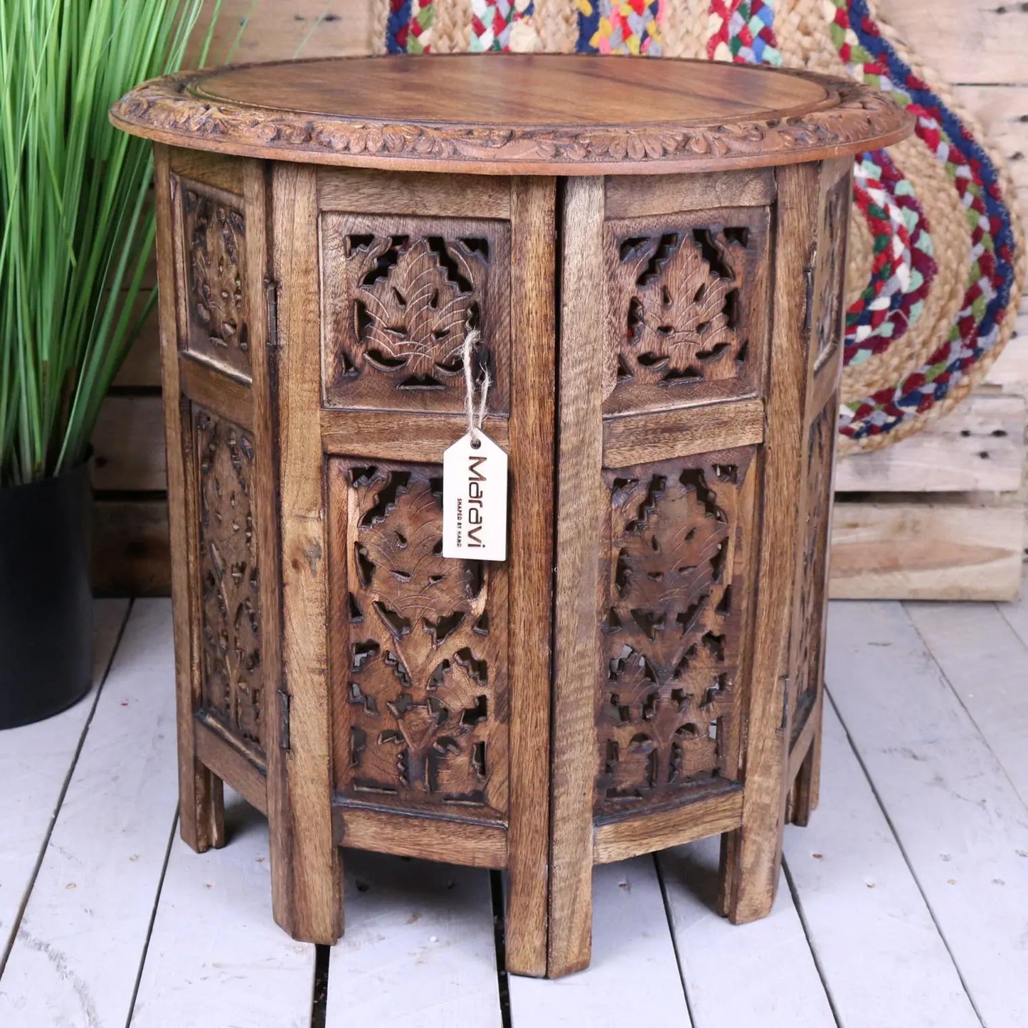 Rengali Large Side Table Mango Wood Leaf Carving - Side View