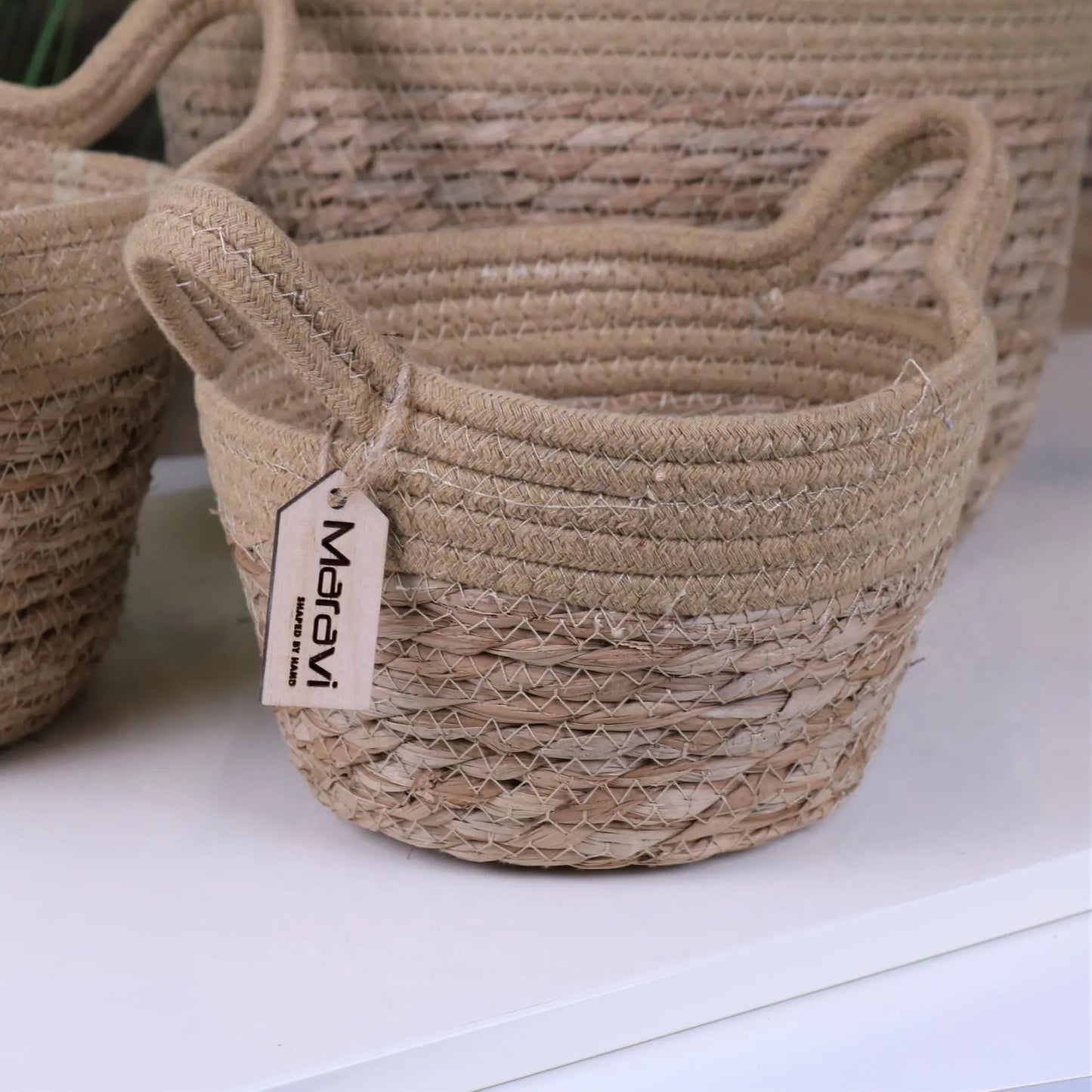 Sheyam Set of 3 Natural Rope Grass Baskets - Closeup of Small Basket