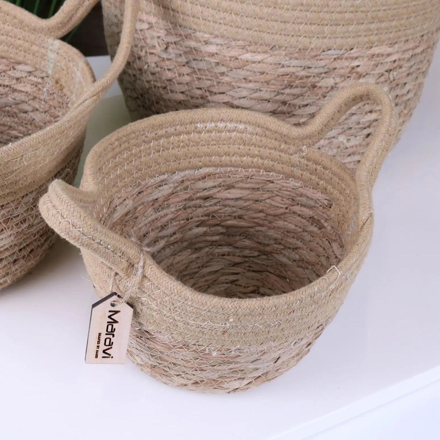 Sheyam Set of 3 Natural Rope Grass Baskets - Top View of Small Basket