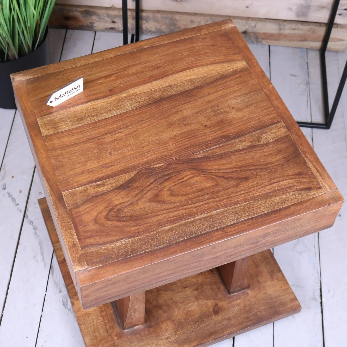 Solid Mango Wood Cube Side Table - Top View