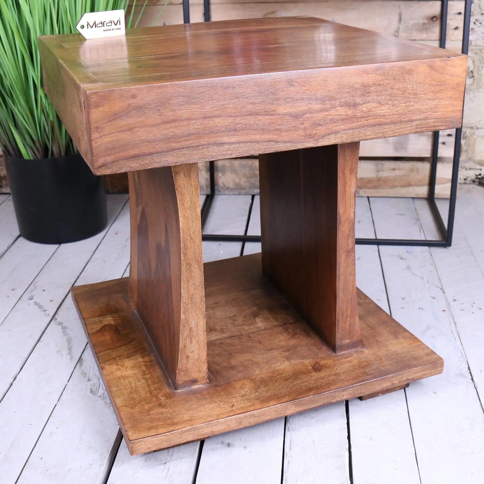 Solid Mango Wood Cube Side Table - Front View
