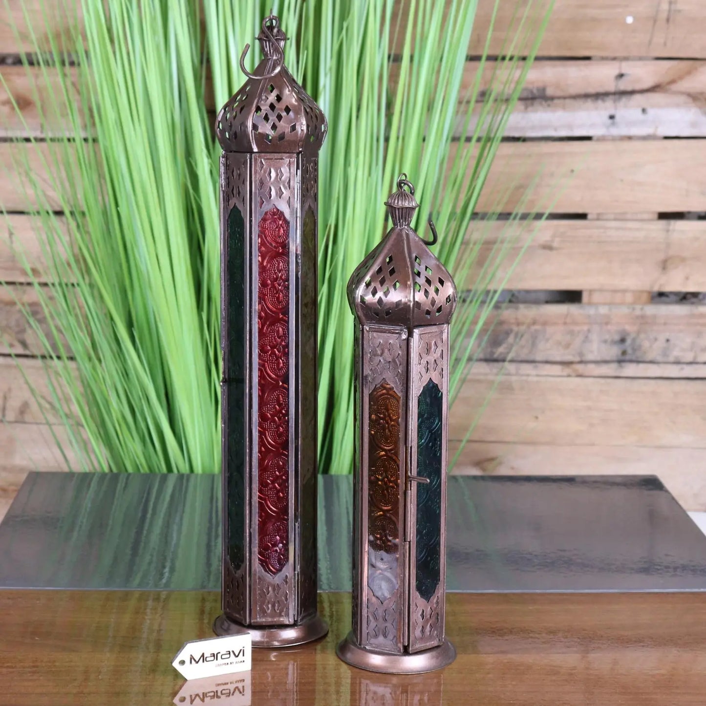 Koira Set of 2 Copper Moroccan Frosted Coloured Glass Tall Lanterns - Main Image