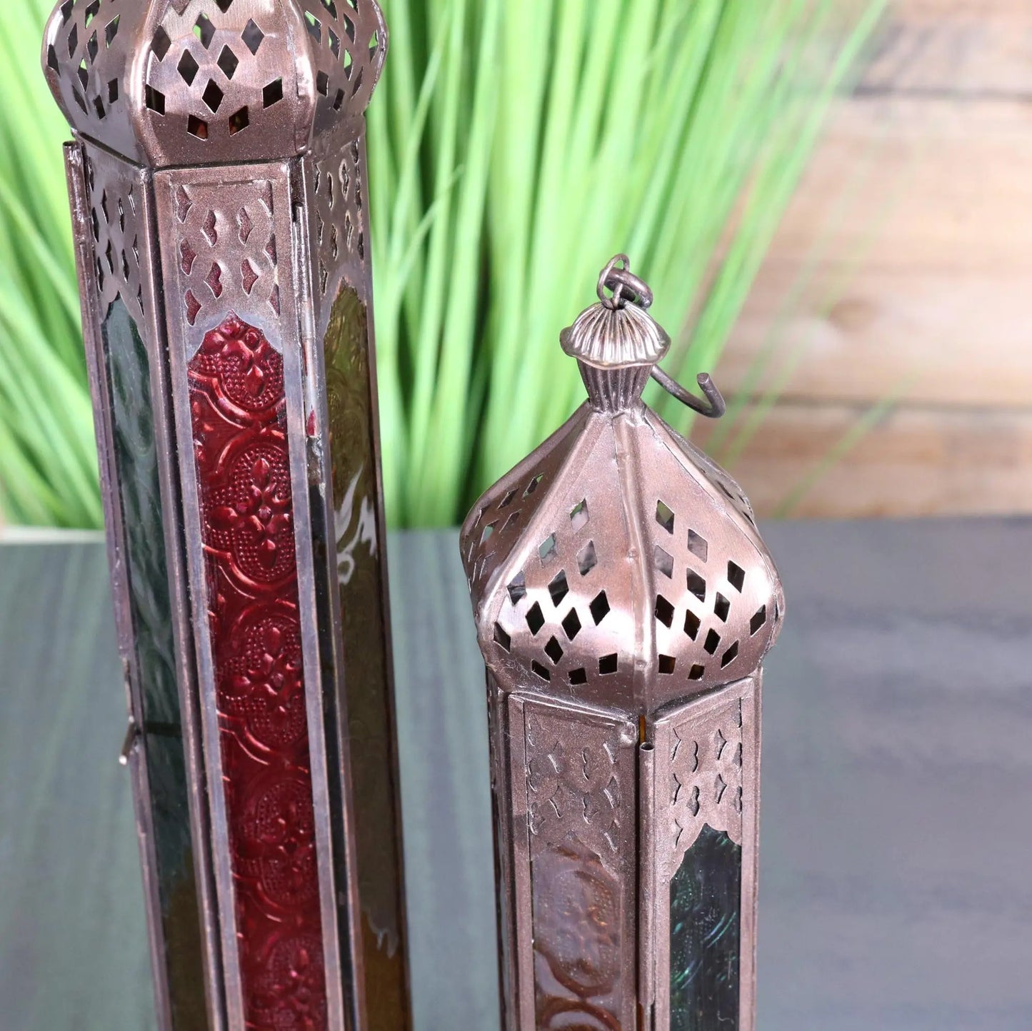 Koira Set of 2 Copper Moroccan Frosted Coloured Glass Tall Lanterns - Closeup of Tops