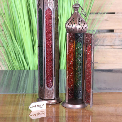 Koira Set of 2 Copper Moroccan Frosted Coloured Glass Tall Lanterns - Door Open Closeup