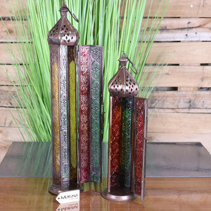 Koira Set of 2 Copper Moroccan Frosted Coloured Glass Tall Lanterns - Both Doors Opened