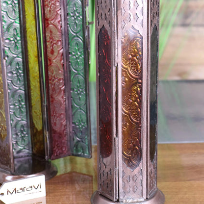 Koira Set of 2 Copper Moroccan Frosted Coloured Glass Tall Lanterns - Closeup of Glass
