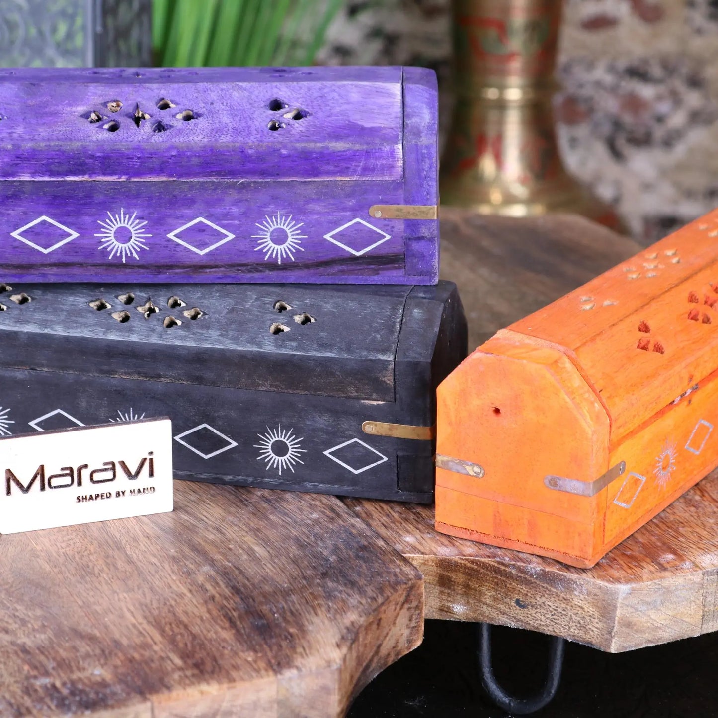Simri Set of 3 Ash Catcher Boxes for Incense Sticks - Set 1 Closeup of Design