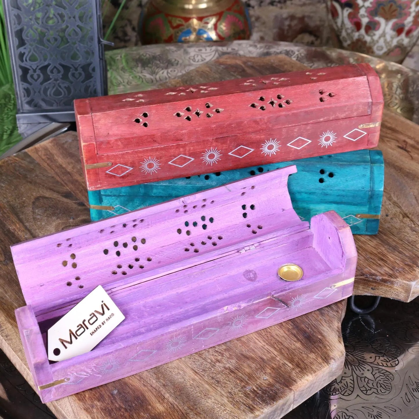Simri Set of 3 Ash Catcher Boxes for Incense Sticks - Pink box showing Inside