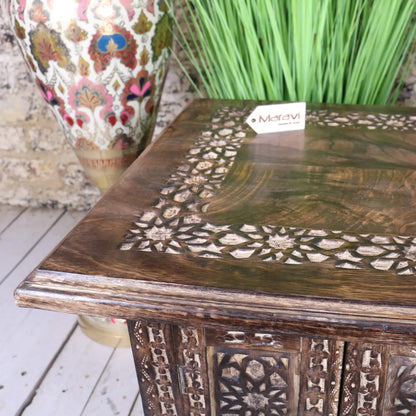 Mehanadi Wooden 45cm Hand Carved Moroccan Style Table - Closeup of Carving 1