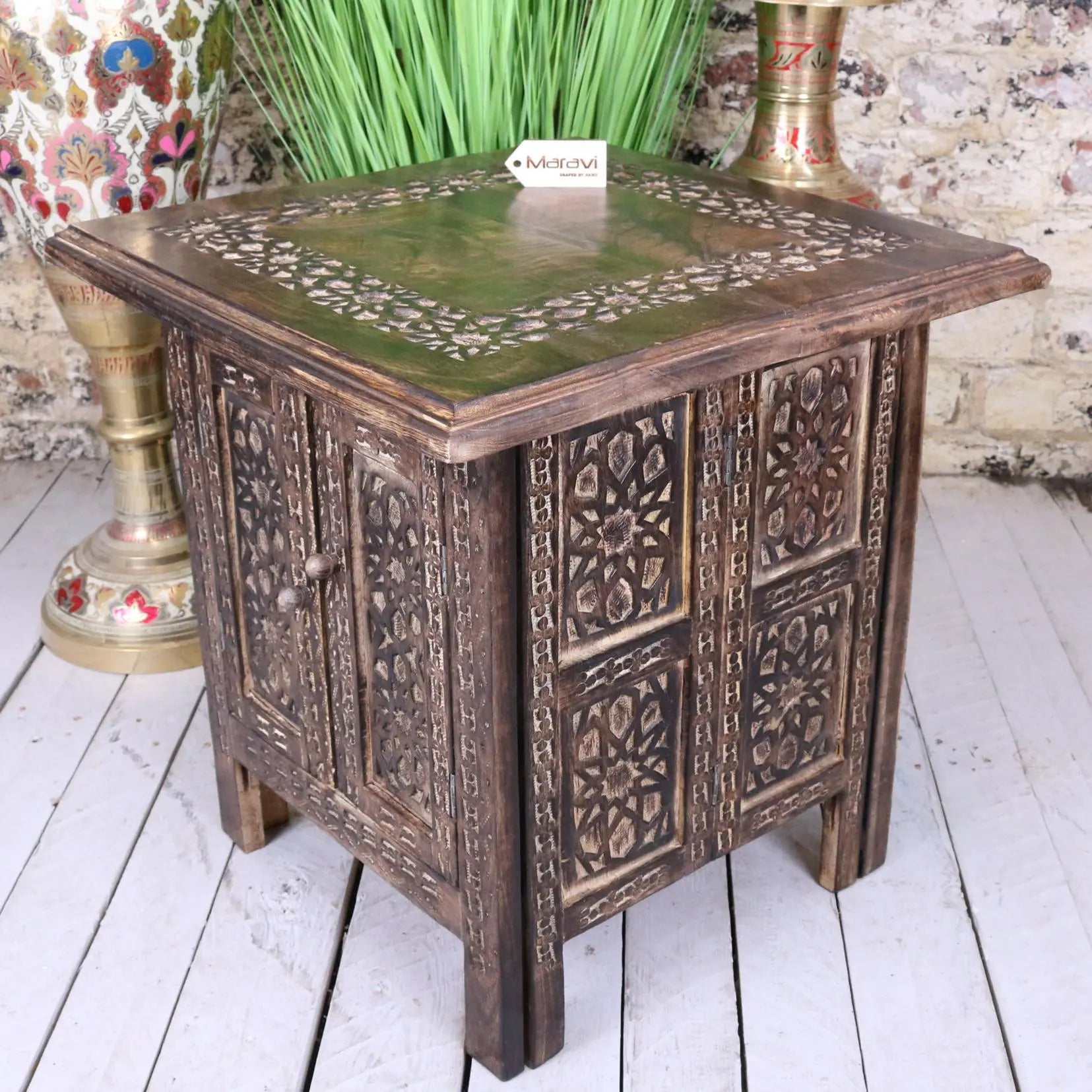 Mehanadi Wooden 45cm Hand Carved Moroccan Style Table - Side View