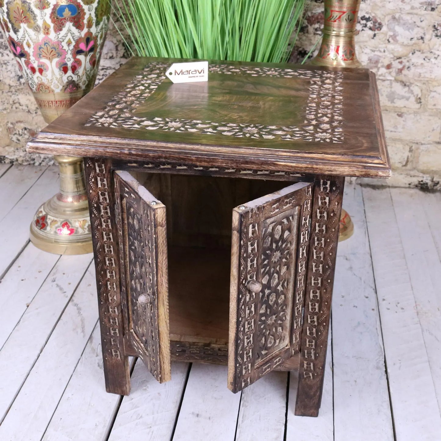 Mehanadi Wooden 45cm Hand Carved Moroccan Style Table - Doors Opened