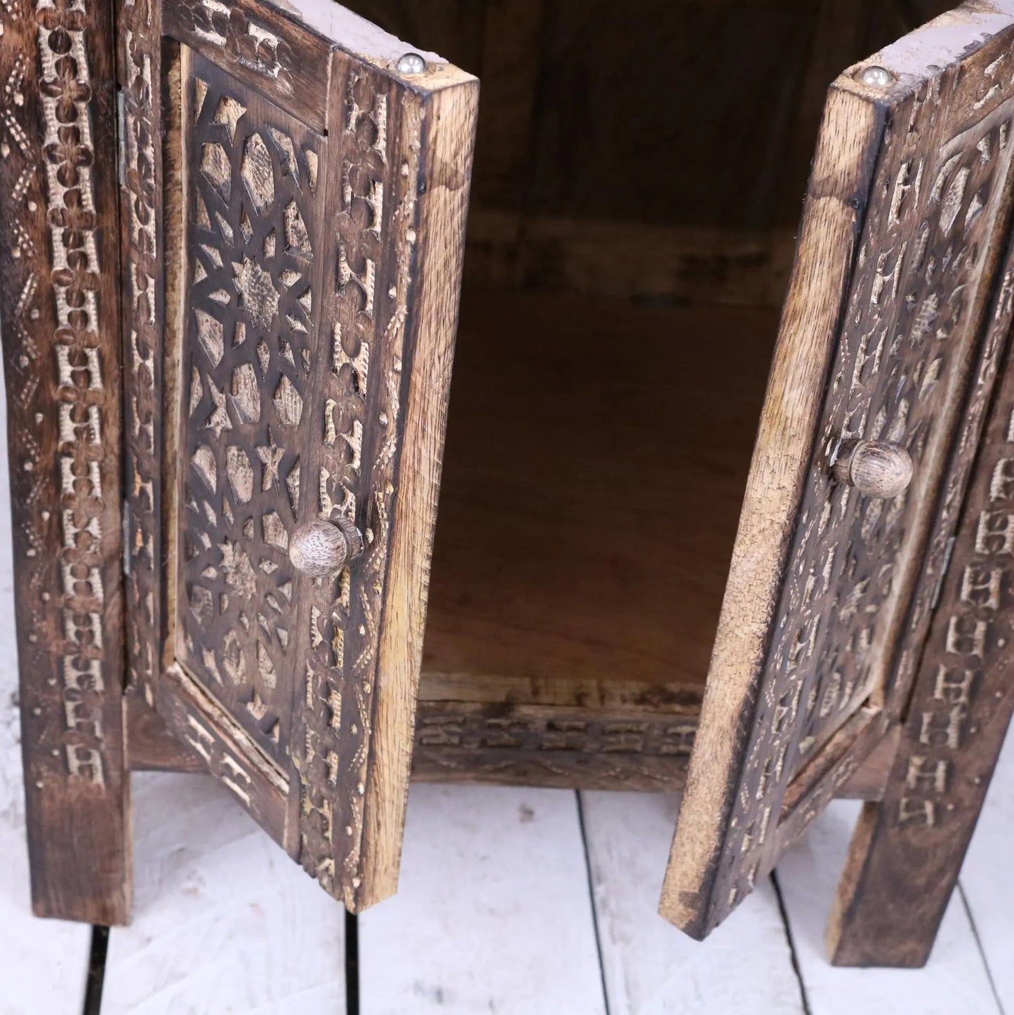 Mehanadi Wooden 45cm Hand Carved Moroccan Style Table - Closeup of Doors Open