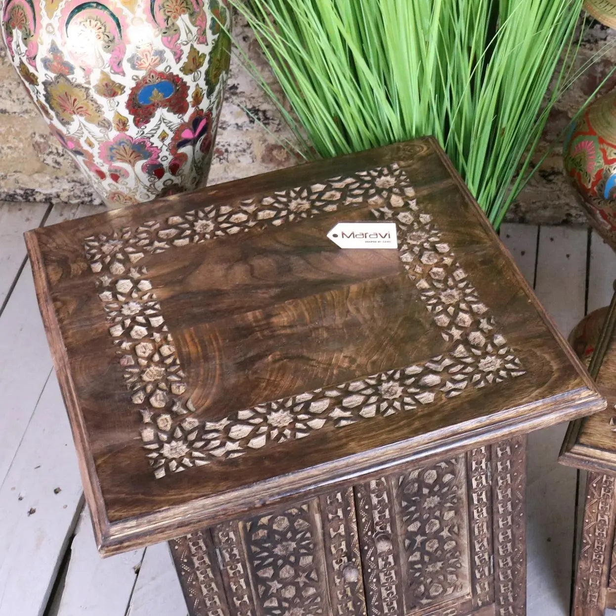 Mehanadi Wooden 45cm Hand Carved Moroccan Style Table - Top View