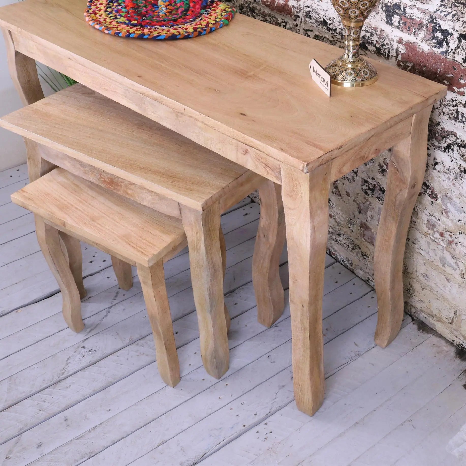 Golpur Solid Mango Wood Console Table Set - Side View